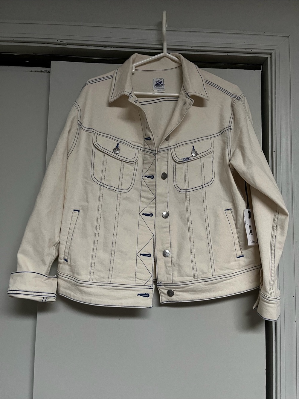 Lee Cream Denim Jacket with Navy Topstitching Medium